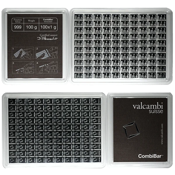 100 Gram Silver Combi Bar Valcambi 100 X 1